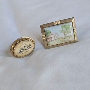 VTG Cottage Deer Mismatched Cufflinks Gold Hand Painted Mens OS Mixed Unbranded